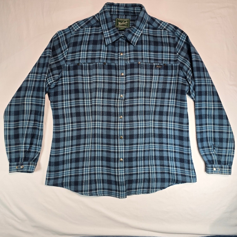 Woolrich Womens XL Blue Plaid Snap Front Long Sleeve Wool Blend Shirt 2294 Copen